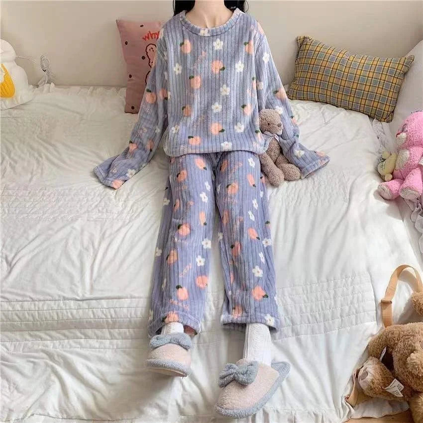 Adorable Sweet Warm Coral Fce Women's Home Clothes Set Autumn Winter Lazy Person's Spwear Long Sve round Ne Two-Pi...
