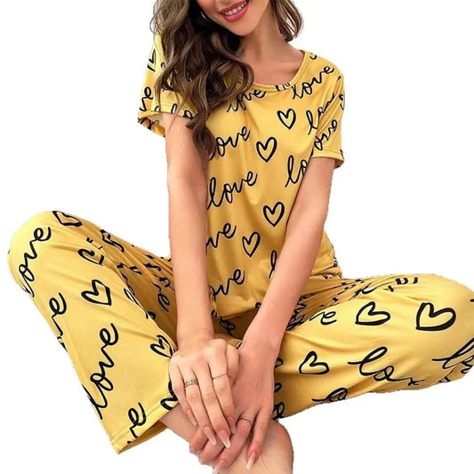 Ladies Pyjamas Dark Pink Letter Printed Short Sleeved T-shirt and Pants Sleepwear Pajama 2 Pieces Casual Home Wear