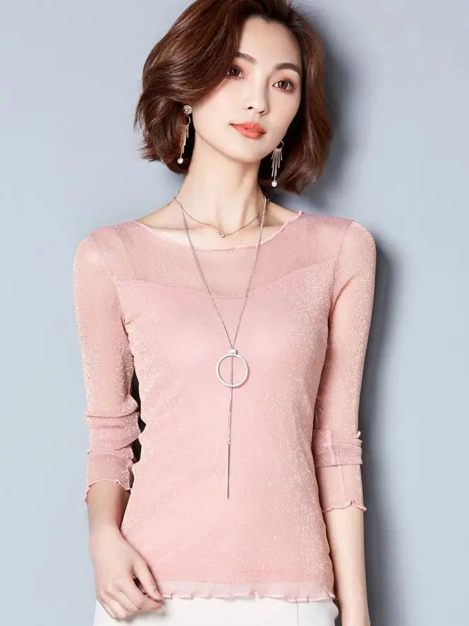 Glitter Mesh Blouse Sexy Womens Shirts Long Sleeve Tops Korean Black Pink O-Neck Elegant Slim Blouse Camisas Femininas