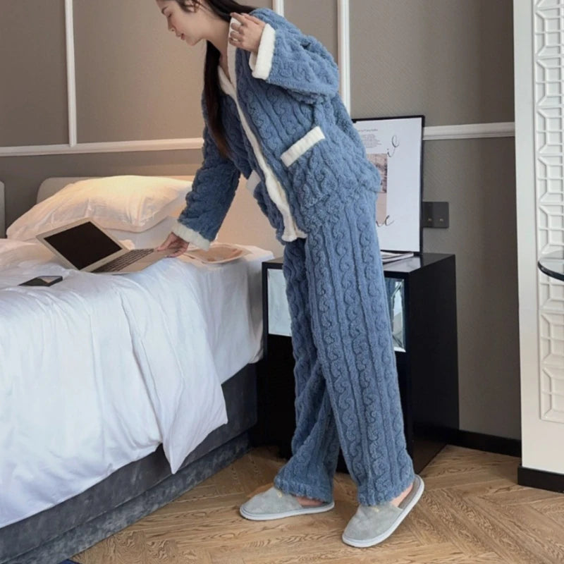 2pcs/Set Autumn and Winter Pajamas Women Thickened Padded Warm Students Coral Girls Clot Velvet Suit Homewear Cardigan Trousers