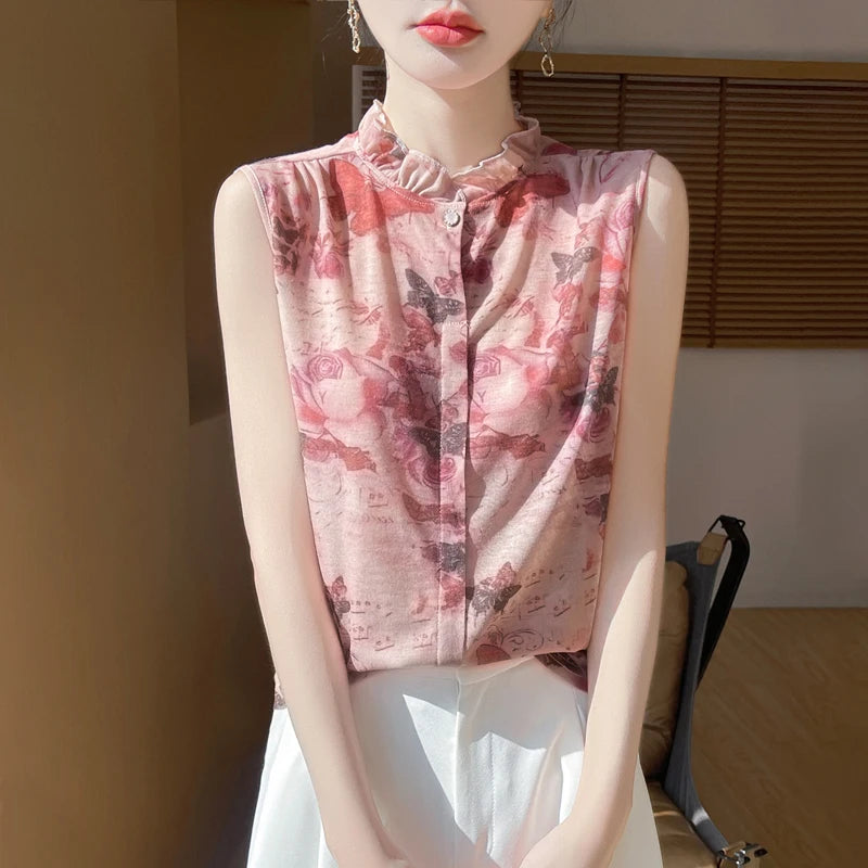 2025 New Chinese Sleeveless Shirt Lace Collar Knit Base Shirt Ink Painting National Style Fashion Western Style Blouse RW M13