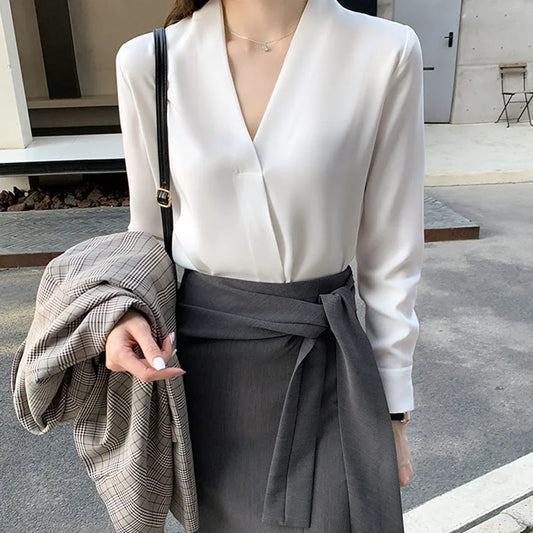 Spring Autumn Long Sleeve White Shirt  Women Korean Temperament V-neck Office Lady Chiffon Blouse Elegant Street Loose Blusas
