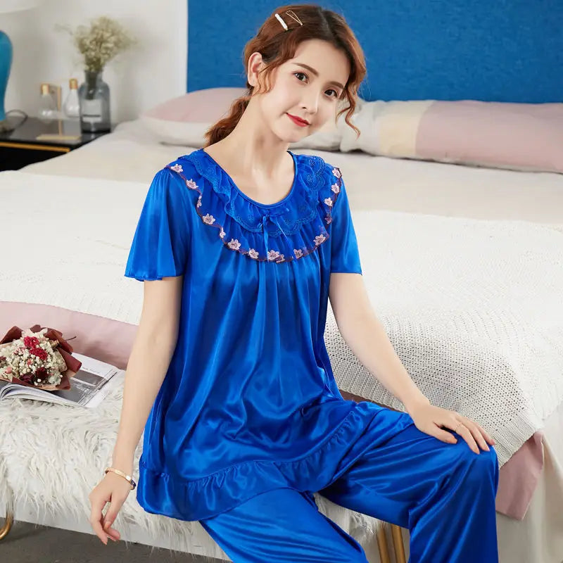 Luxury Satin Pajama Set Solid Color Short Sleeve Top And Elastic Bottom Comfortable Relaxed Fit Women's Loungewear And Sleepwear
