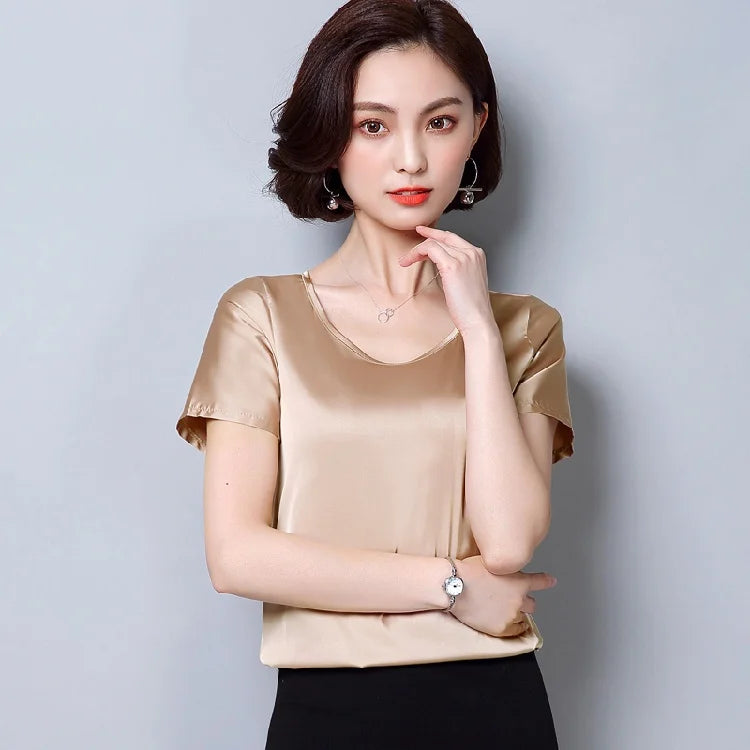 New outer wear silk round neck sling top satin short-sleeved stretch T-shirt large size bottoming shirt women