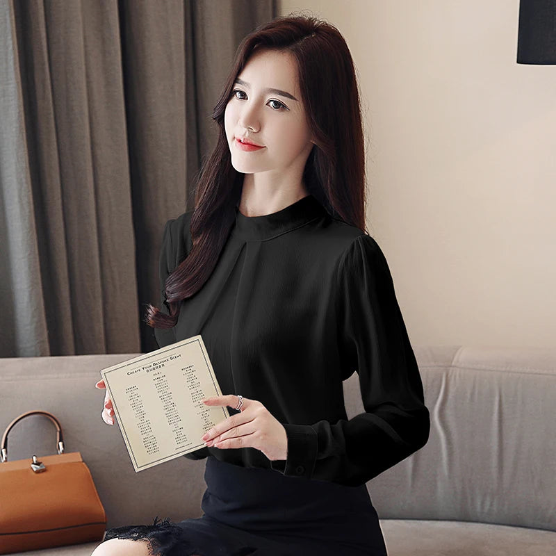 2025 New Spring Autumn Chiffon White Women's Blouse Long Sleeve Stand Collar Elegant Workwear Office Lady Korean Shirts Female
