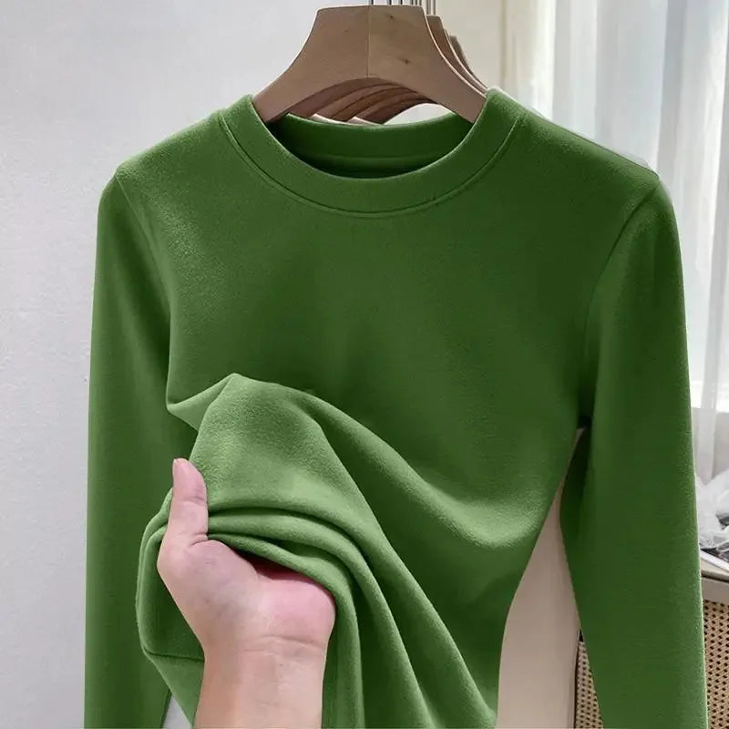 Women's Fleece Lined Long Sleeve T-Shirt Base Layer Shirt Autumn Winter New Style Slimming Versatile Inner Wear Crew Neck Top
