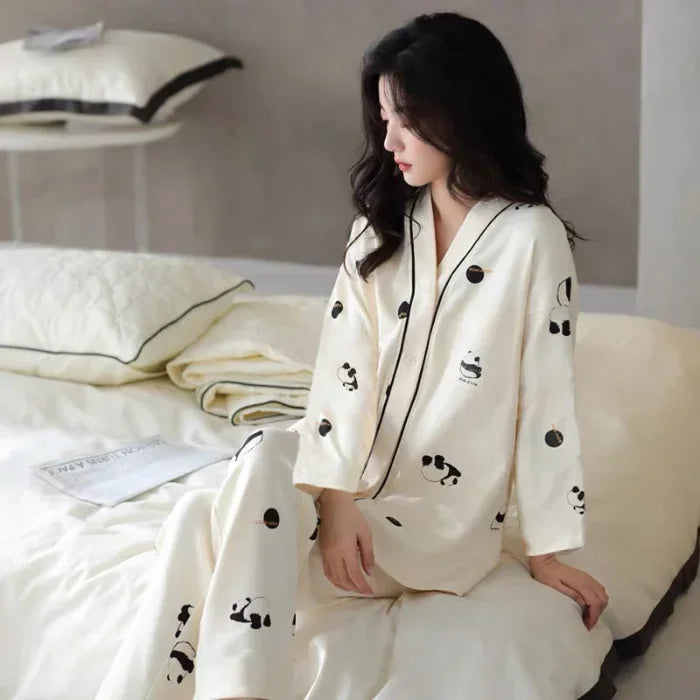 Women's Spring Autumn Long Sleeve Cotton-Like Kimono Loose-Fit V-Neck Sleepwear Sweet Home Clothes Korean Style Outer Wear