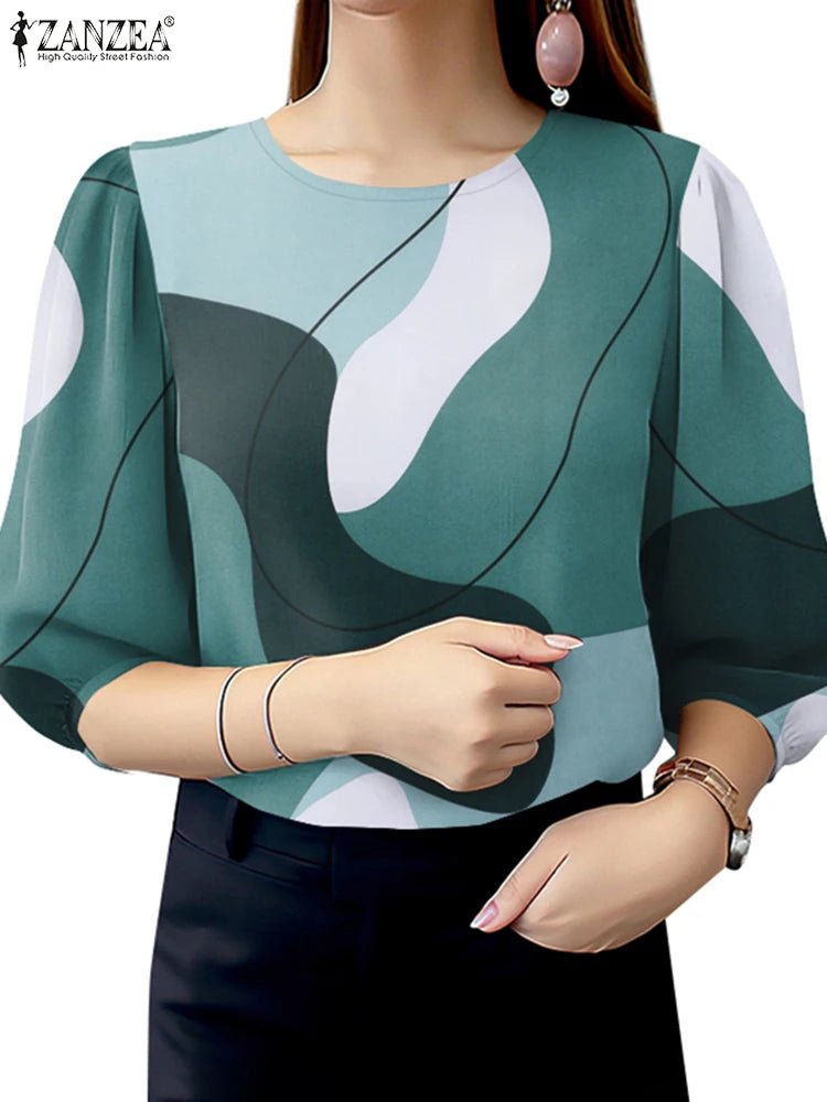 Stylish Summer Printed Blouses 2025 ZANZEA Women Tops Tunic Bohemain Holiday Shirt Casual Spring O Neck 3/4 Sleeve Work Blusas