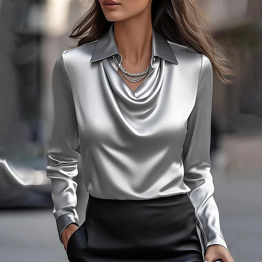 Spring Autumn Women's Solid V-Neck Blouses Button Up Elegant Loose Long Sleeve Clothes Office Ladies French Black Shirt Tops
