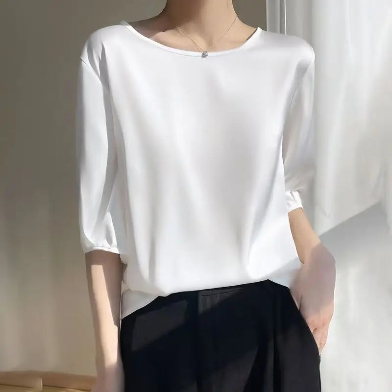 Summer satin Women Blouse Silky Loose Woman Shirt lady's half Sleeve tops Casual solid t-shirt O-Neck pullover women's clothing