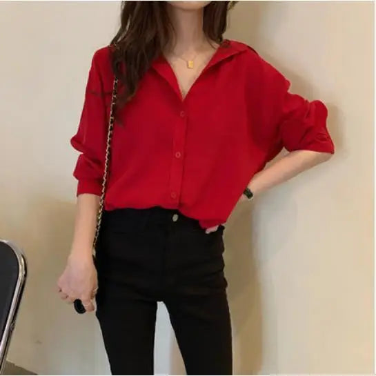 Women's Chiffon irt Long Sve Trendy Autumn plus Size Red Color 2024 New Year Faion Top  Collar Button down T-irt