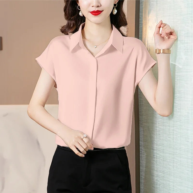 Vintage Blouse Women 2025 New Summer Satin Shirt Silk Elegant Womens Tops Short Sleeve Blouses and Shirts Fashion Women Clothing