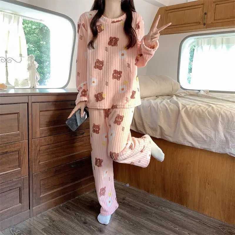 Adorable Sweet Warm Coral Fce Women's Home Clothes Set Autumn Winter Lazy Person's Spwear Long Sve round Ne Two-Pi...