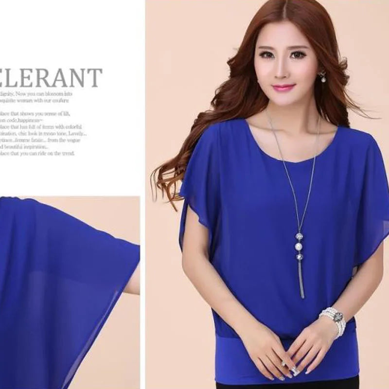 1pcs Summer Batwing Sleeve Chiffon T-Shirt Loose-Fit Women's Clothing Base Layer Top Fashionable Lady Plus Size Short Sleeves