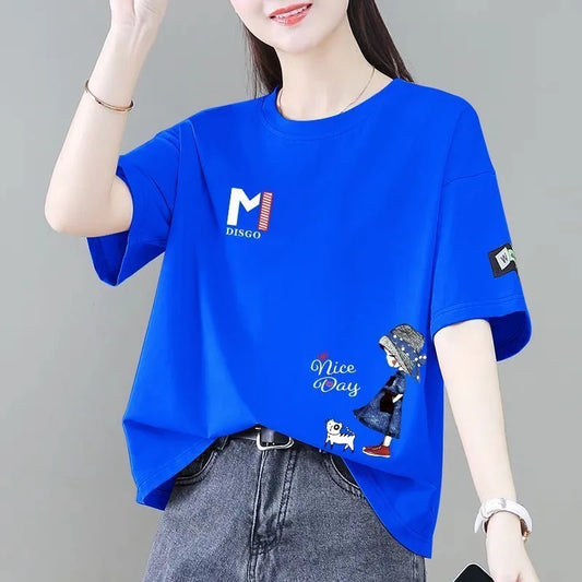 00% Pure Cotton ort Sve T-irt Women's Summer Faion Loose Sli Age-Defng Versatile Top Korean Sle Print Design