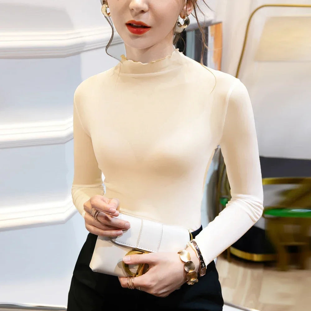 Women Pink Red Purple Black Blue Grey White T Shirt Transparent Mesh T-Shirt Sexy Club Party Thin Female Blouse Long Sleeve Tops