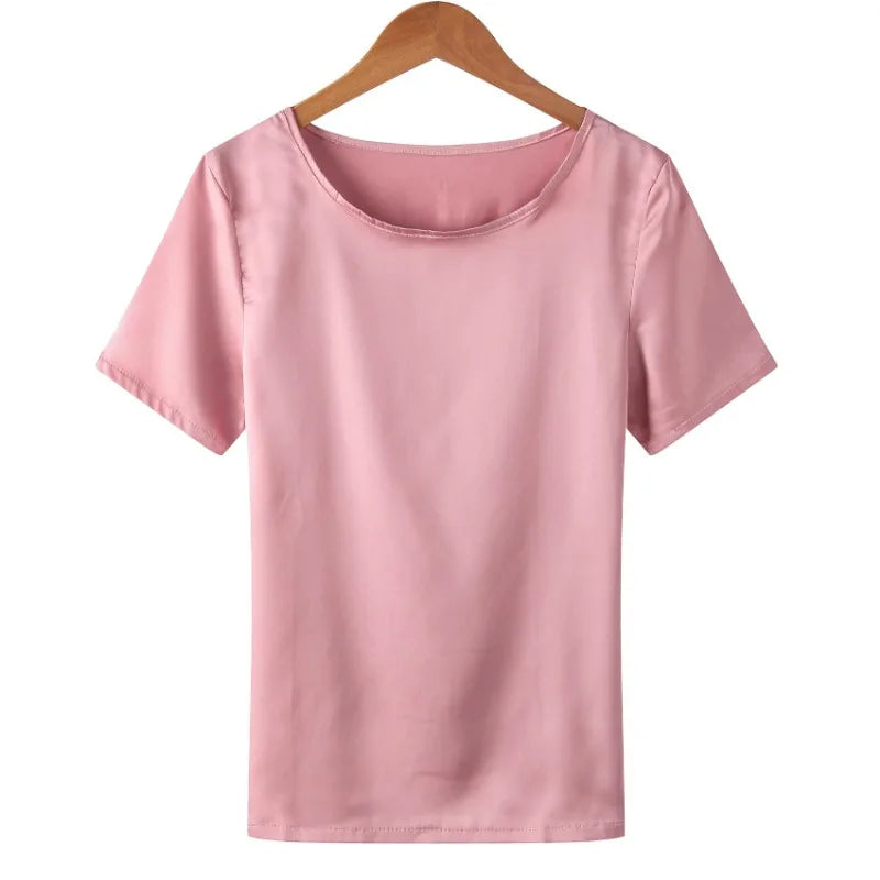 New outer wear silk round neck sling top satin short-sleeved stretch T-shirt large size bottoming shirt women