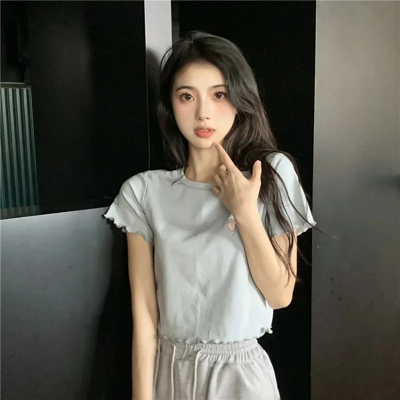 Sweet Spicy Short Crop Top T-Shirt Women's Pink Short Sleeve BM Style Summer Fashion Small Size Female Clothing Polyester Fiber