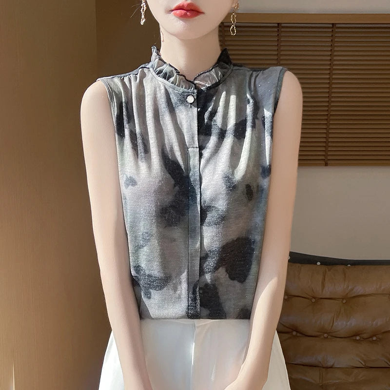 2025 New Chinese Sleeveless Shirt Lace Collar Knit Base Shirt Ink Painting National Style Fashion Western Style Blouse RW M13