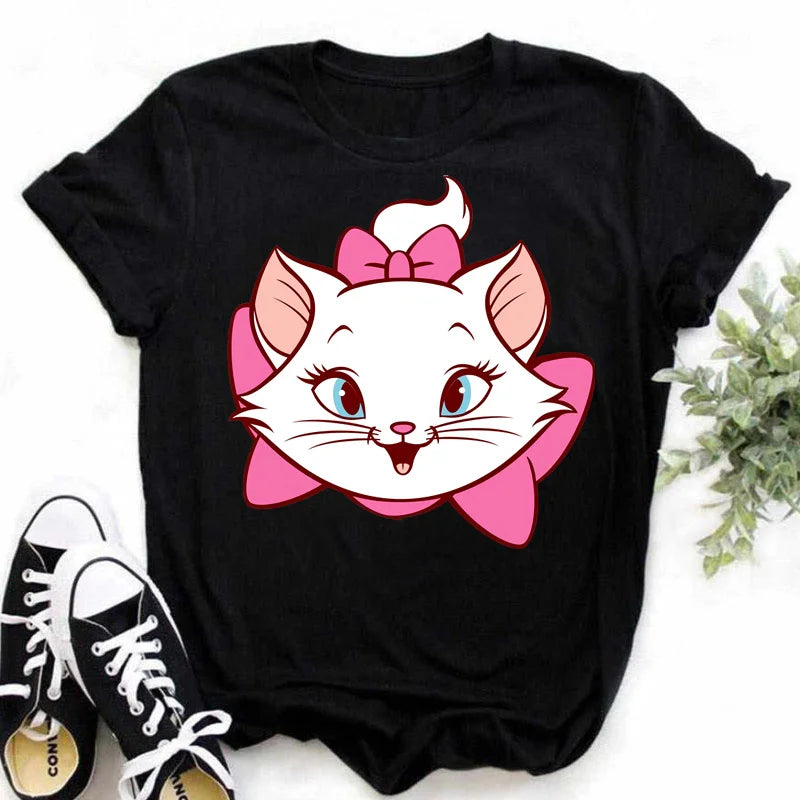 The Aristocats Marie Cat Kawaii Cute Graphic Print Cotton T-shirt 2024 Women's Summer Top Y2K Cute Style Couple Short Sleeve Top