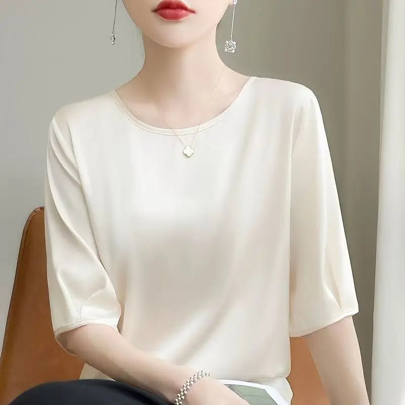 Summer satin Women Blouse Silky Loose Woman Shirt lady's half Sleeve tops Casual solid t-shirt O-Neck pullover women's clothing