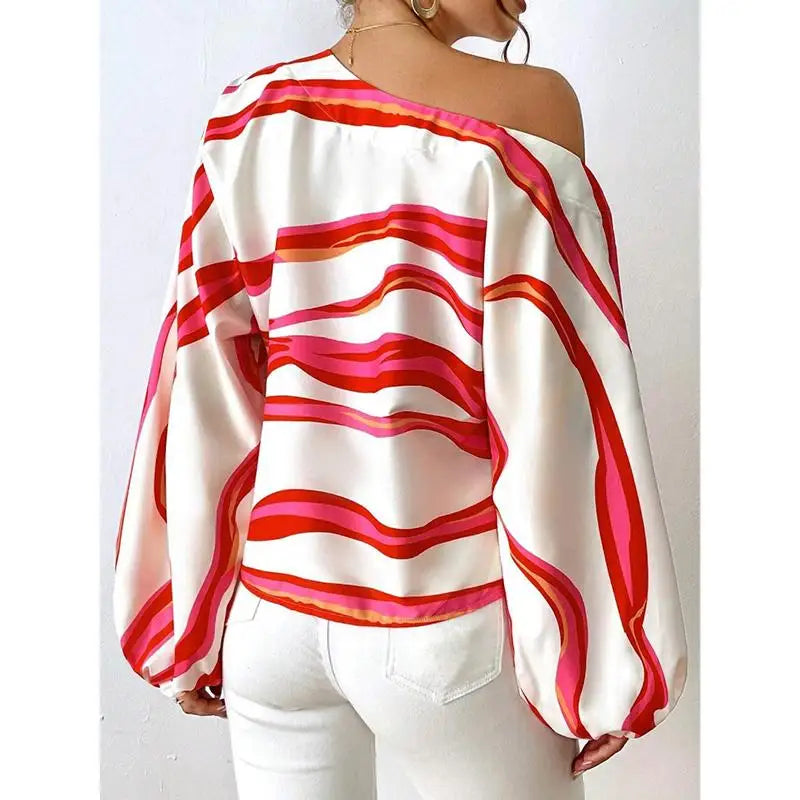 Fashion Long Sleeve Sexy Off Shoulder Shirts women Slash Neck Printed Loose Casual Blouses Women Elegant Simple Lady Shirt Tops