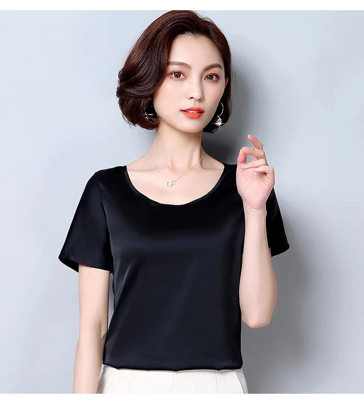 New outer wear silk round neck sling top satin short-sleeved stretch T-shirt large size bottoming shirt women
