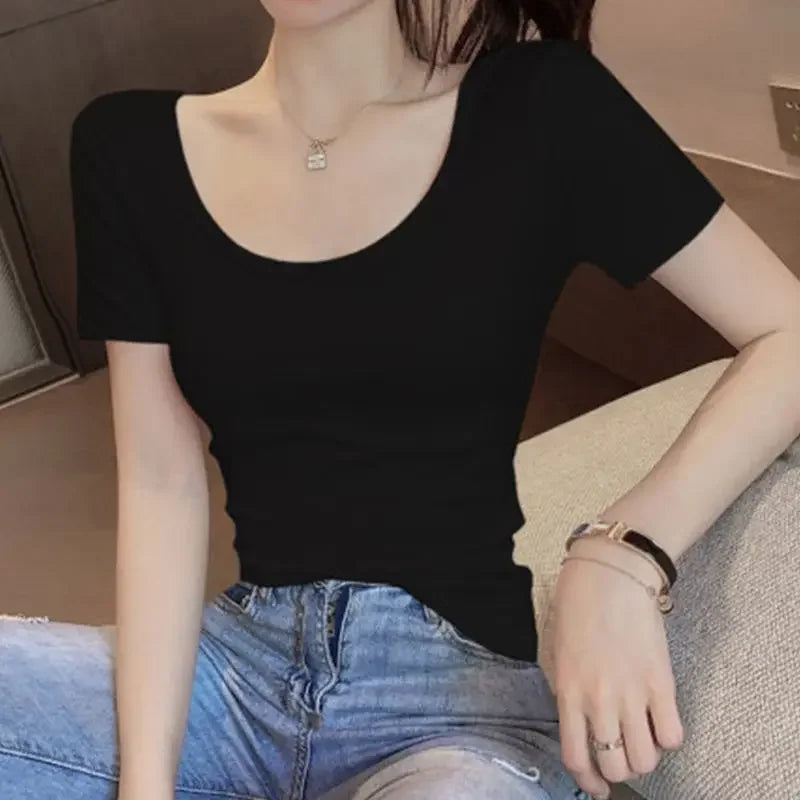 White T-shirt Women Short Sleeve U-neck Summer Low-cut Sexy Slim Top Shaping Base Shirt Comfortable Style Polyester Fabric