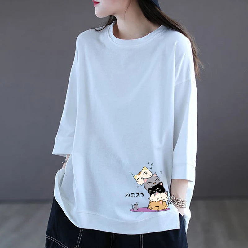 Casual Cotton T-irt Women's Summer Loose Slim Fit Faionable Seven-Quarter Sve round Ne Print Top for Commute