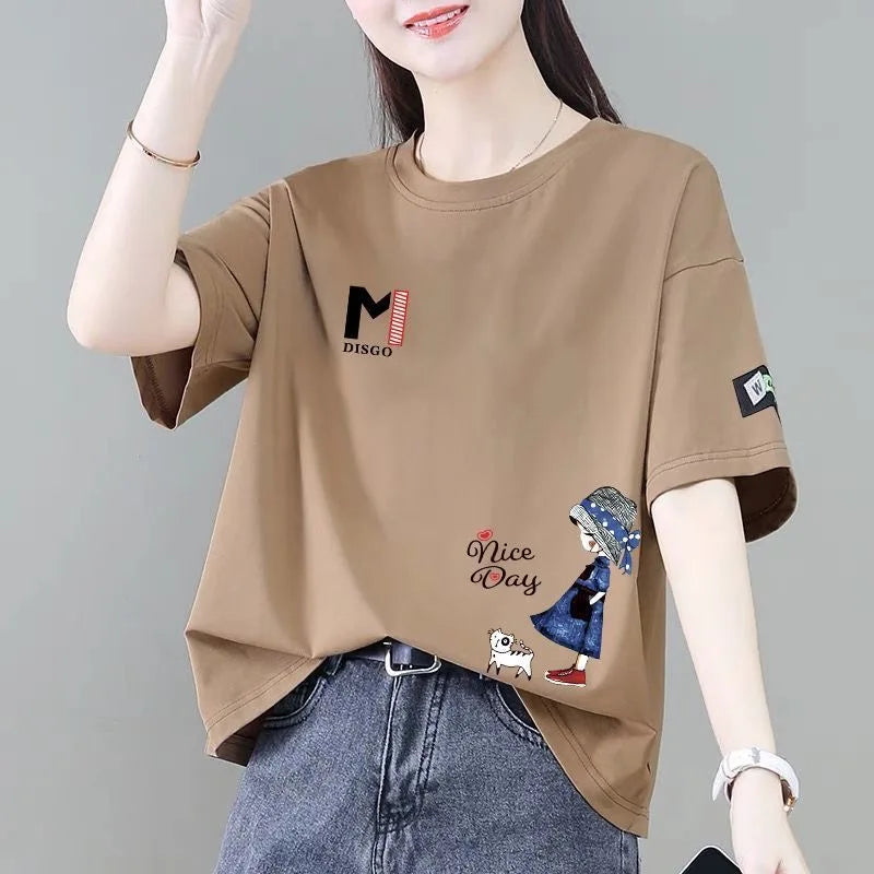 00% Pure Cotton ort Sve T-irt Women's Summer Faion Loose Sli Age-Defng Versatile Top Korean Sle Print Design