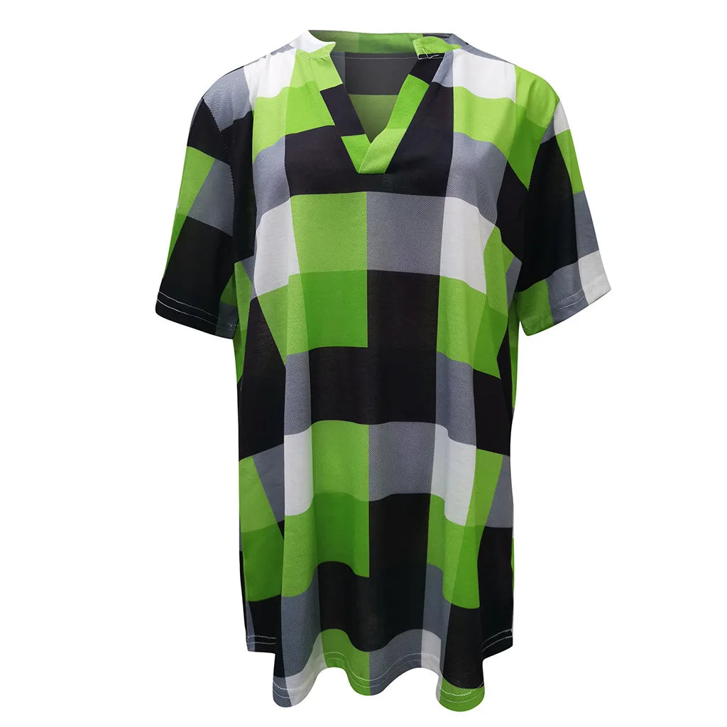 Women Vintage Short Sleeve Shirt V Neck Plaid Shirts Summer Female Casual Blouse Tops Streetwear Korean Style Clearance Sale