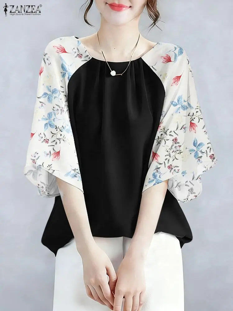 2025 ZANZEA Autumn Printed Blouses Stylish Women Tops Elegant Office Shirt Casual O Neck 3/4 Sleeve Blusas Summer Work Tunic