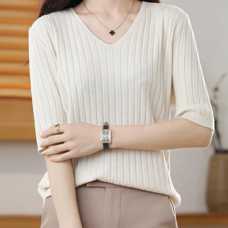2025 New Spring Summer New Women's V-neck Short-Sleeved Exquisite Cashmere Knitted Sweater Pullover Solid Color