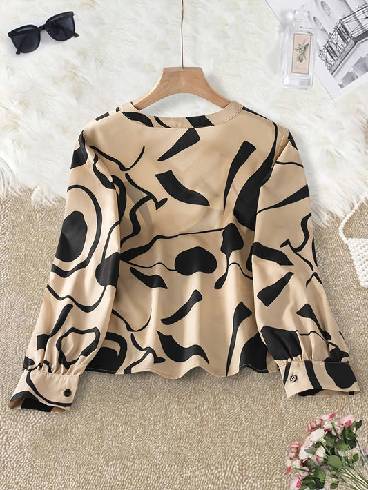 Women's Autumn and Winter Long Sleeve Shirt Notch Collar All-Over Print Shirt Top