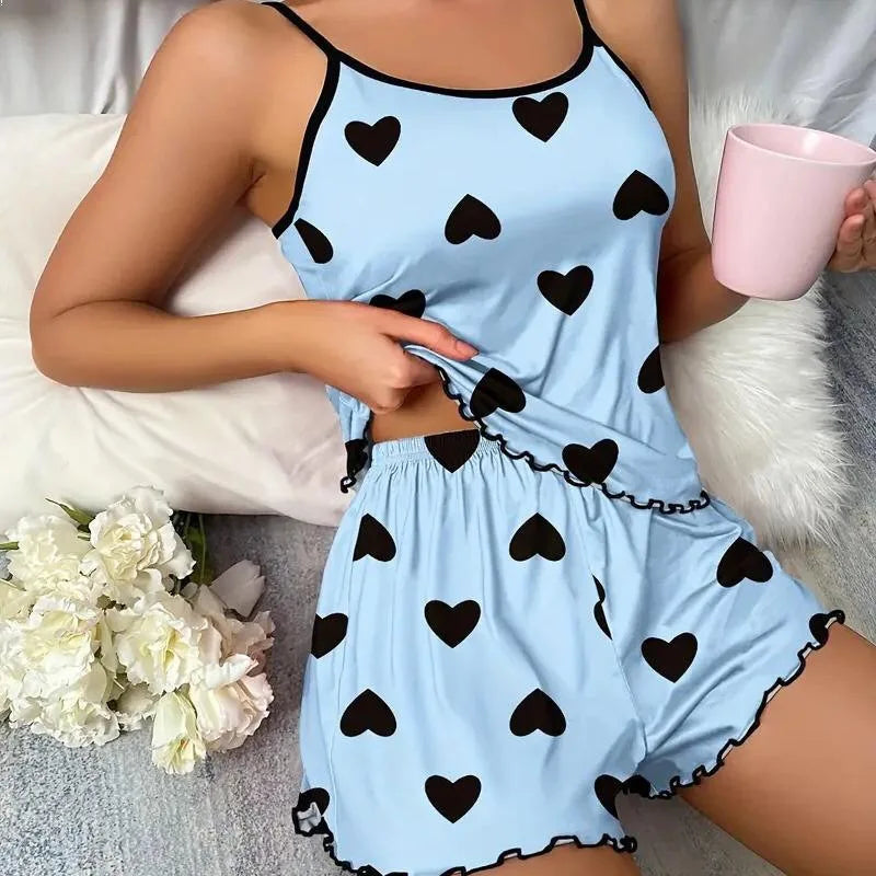 Summer Ladies Sleepwear Set Pink Heart Print round Neck Strap Top Ice Silk Comfortable Short Pants Sexy Sleepwear for Women
