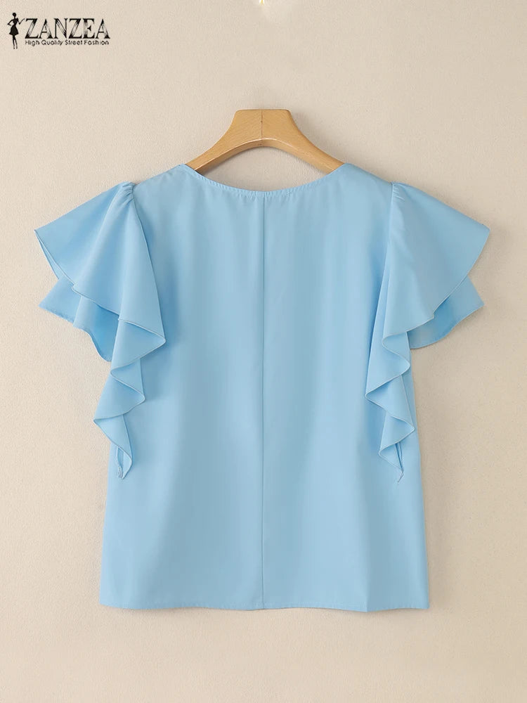 2025 ZANZEA Women Square Neck OL Work Blouse Summer Elegant Office Shirts Stylish Short Ruffled Sleeve Tunic Tops Blusas Femme