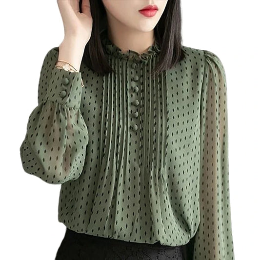 Women Spring Autumn Style Chiffon Blouses Shirts Lady Casual Long Sleeve O-Neck Polka Dot Printed Chiffon Blusas Tops DD8879