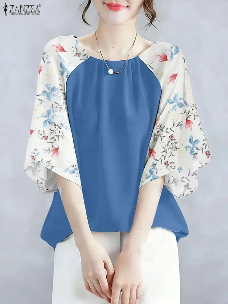 2025 ZANZEA Autumn Printed Blouses Stylish Women Tops Elegant Office Shirt Casual O Neck 3/4 Sleeve Blusas Summer Work Tunic