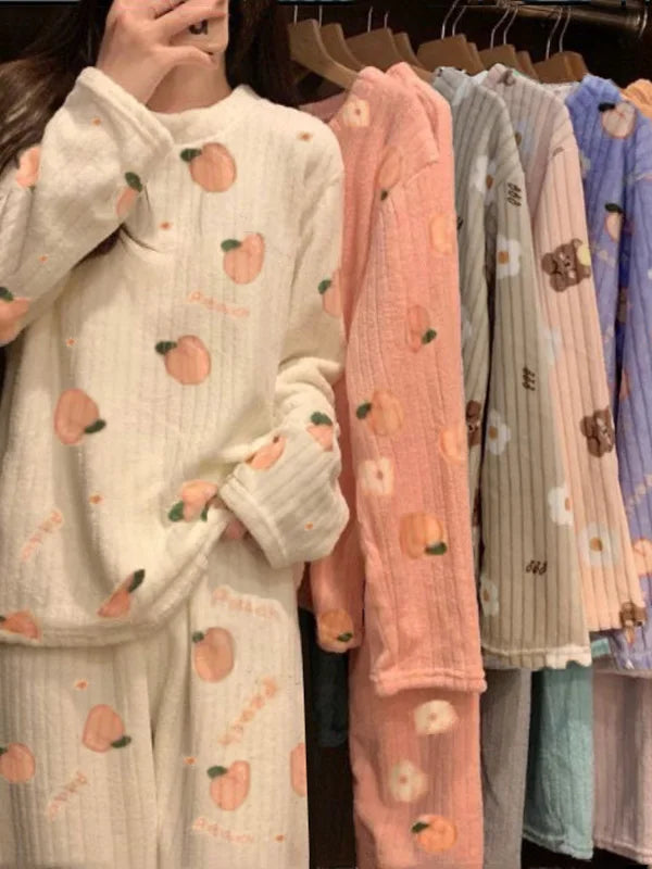 Adorable Sweet Warm Coral Fce Women's Home Clothes Set Autumn Winter Lazy Person's Spwear Long Sve round Ne Two-Pi...