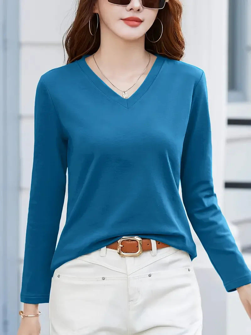 Women's Essential Slim Fit V Neck Long Sleeve T-Shirt - Soft Solid Color Top for Spring and Fall Seasons, Classic Casual Wear fo