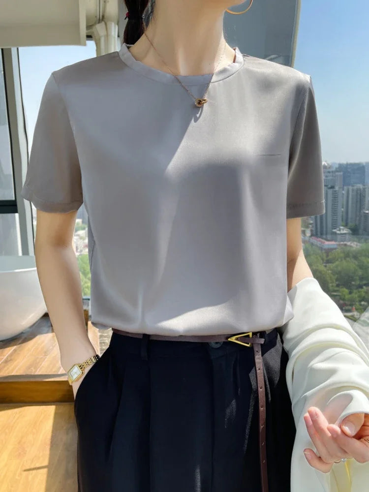 Summer T-shirts Woman O Neck Short Sleeves Tees Satin Klein Blue Champagne Solid Color Loose Women's oversized T Shirt Silk Tops
