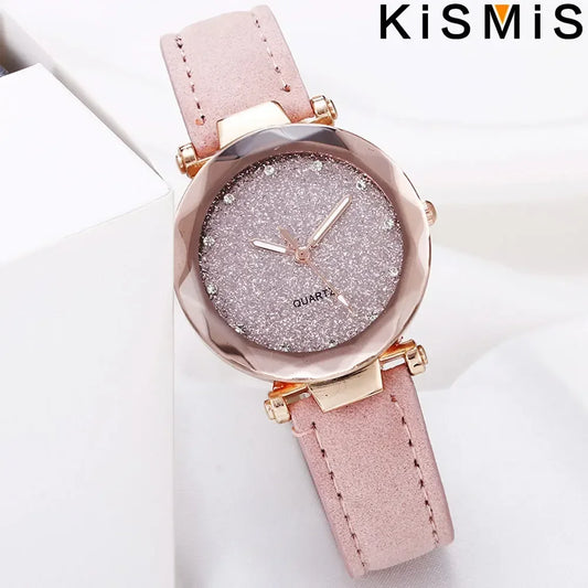 Women's Quartz Watch with Leather Strap Frosted Dial Diamond Starry Design for Elegant Gifting and Daily Use