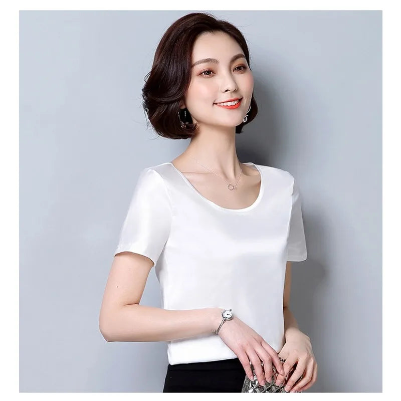 New outer wear silk round neck sling top satin short-sleeved stretch T-shirt large size bottoming shirt women
