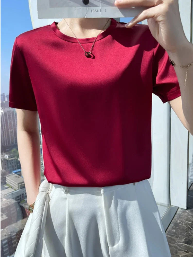 Summer T-shirts Woman O Neck Short Sleeves Tees Satin Klein Blue Champagne Solid Color Loose Women's oversized T Shirt Silk Tops