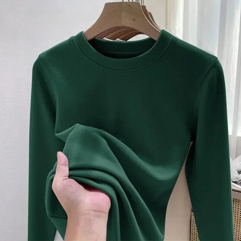 Women's Fleece Lined Long Sleeve T-Shirt Base Layer Shirt Autumn Winter New Style Slimming Versatile Inner Wear Crew Neck Top