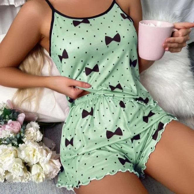 Summer Ladies Sleepwear Set Pink Heart Print round Neck Strap Top Ice Silk Comfortable Short Pants Sexy Sleepwear for Women
