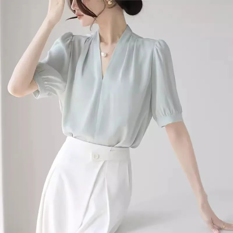 2025 Fashion Summer Short Sleeve V-Neck Women Blouse White Blouse Shirt Women Tops Blouses Shirts Blusas De Mujer Camisas P856