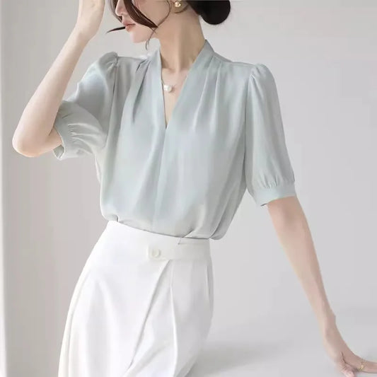 2025 Fashion Summer Short Sleeve V-Neck Women Blouse White Blouse Shirt Women Tops Blouses Shirts Blusas De Mujer Camisas P856
