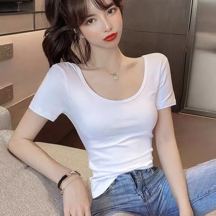 White T-shirt Women Short Sleeve U-neck Summer Low-cut Sexy Slim Top Shaping Base Shirt Comfortable Style Polyester Fabric