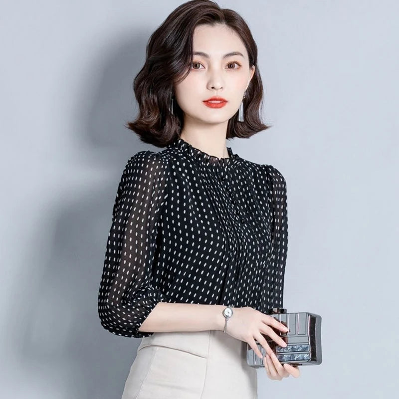 Women Spring Autumn Style Chiffon Blouses Shirts Lady Casual Long Sleeve O-Neck Polka Dot Printed Chiffon Blusas Tops DD8879